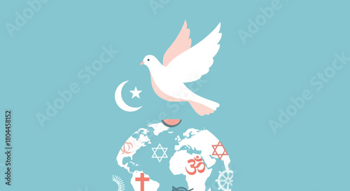 Dove flying over globe with religious symbols representing interfaith harmony concept.