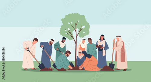 Diverse group of people planting a tree together, symbolizing unity and sustainability.