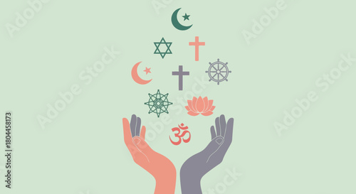 Hands holding religious symbols representing islam, christianity, judaism, and buddhism.