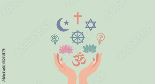 Hands holding religious symbols, a concept of interfaith harmony and tolerance design.