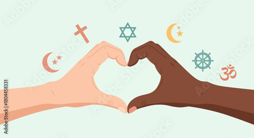Diverse hands form a heart shape surrounded by symbols of major world religions.
