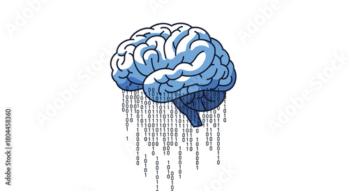 Digital Brain with Binary Code Flowing Down, Generative AI.