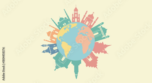 World landmarks vector illustration with earth globe. Travel and tourism concept design.