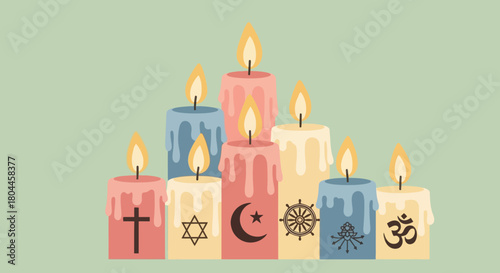 Colorful candles with religious symbols showing unity, diversity, faith, and tolerance.