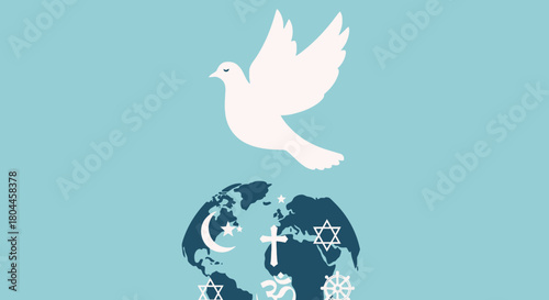 Dove flying over earth with religious symbols, representing peace and interfaith harmony.