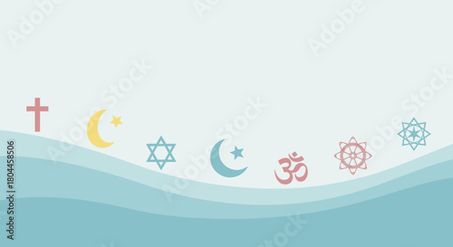 Symbols of the world major religions on a blue wavy patterned background. Religion concept.