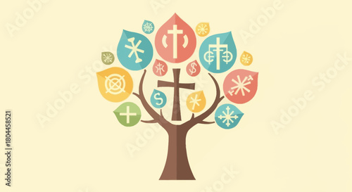 Christian symbol tree illustration. Religious signs and icons on colorful leaves.