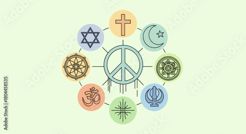 Interfaith harmony illustration with religious symbols and a peace sign in the middle.