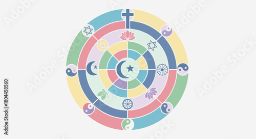 Diverse religious symbols in a colorful circular design, representing global spirituality.