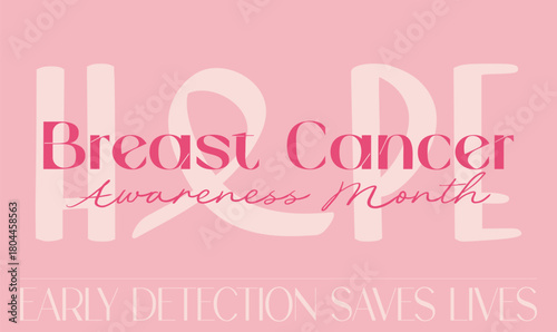 Breast cancer awareness month banner with inspiring word HOPE and slogan Early Detection Saves Lives. Pink ribbon message for prevention, support, campaigns, medical posters, and charity events.