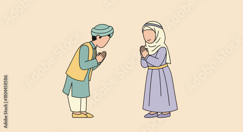 Muslim man and woman in traditional dress greeting each other with respect and honor.