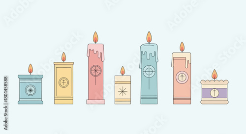 Seven pastel colored candles with various geometric and religious symbols, vector illustration.