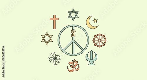 World religions symbols with peace sign, promoting interfaith harmony and tolerance.