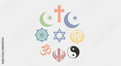 Religious symbols arranged in a circle representing different faiths and belief systems.