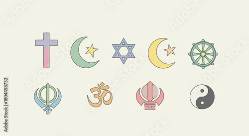 World religions symbols set, including christianity, islam, judaism, buddhism and hinduism.