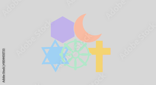 Religious symbols representing christianity, judaism, islam, buddhism, bahai faith.