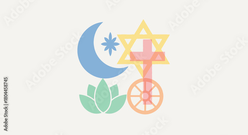Diverse religious symbols including islam, judaism, christianity, buddhism and hinduism.