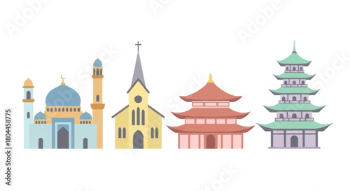 Religious diversity shown with a mosque, church, pagoda, and temple in a row.