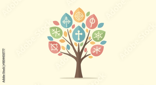 Tree with leaves containing religious symbols, representing diversity and inclusion.