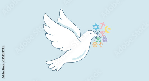 Dove carrying symbols of different religions, representing interfaith harmony concept.