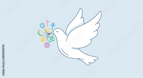 Flying dove holding religious symbols, concept of interfaith harmony and tolerance.