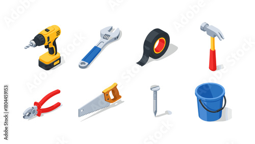 Isometric hand tools set with drill, hammer, and more on white background