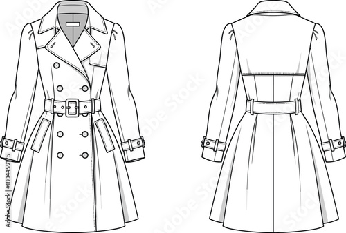Elegant women's double-breasted trench coat dress flat sketch technical drawing template, belted with a wide waist belt, flared A-line skirt, and cuff straps, apparel CAD design vector.