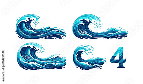 Dynamic ocean waves collection with number four in fluid motion style