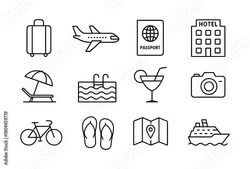 Travel and vacation icons: line art collection for holiday planning