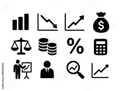 Black silhouette business icons set featuring financial growth and analysis symbols