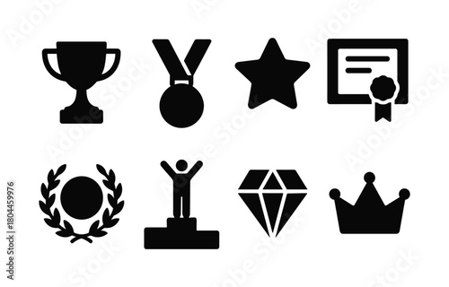 Awards and recognition icons: silhouettes of trophies, medals, and achievement symbols