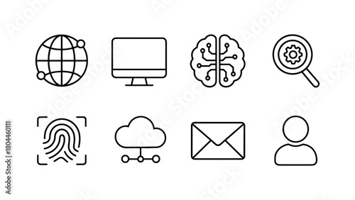 Minimalist technology icons: ai, cloud, email, and internet in linear style