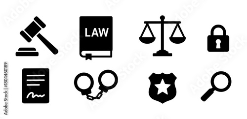 Law and justice icons set featuring gavel, scales, handcuffs, and more in bold silhouette style