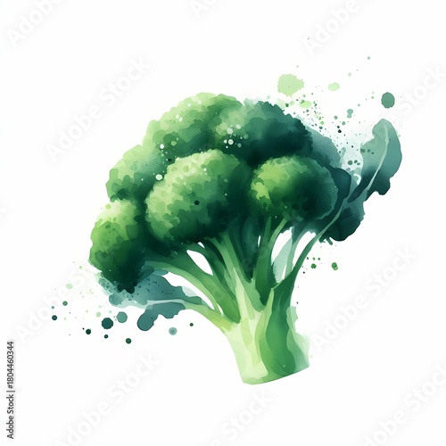 Watercolor illustration of a vibrant green broccoli with paint splatter effect on white