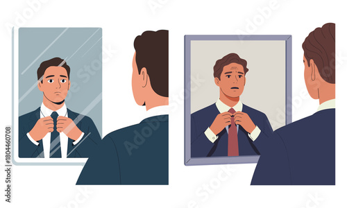 Man preparing for job interview in mirror