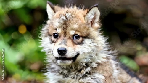 Happy fluffy puppy in a green outdoor setting with bright eyes and wet fur