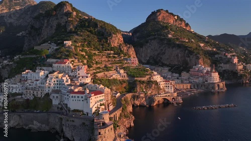 Sunrise in Amalfi. Aerial view of Amalfi and Atrani Coastal Towns, Mediterranean landscape, the Amalfi Coast in Italy.