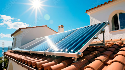 Solar water heater with evacuated tube collectors on a tiled residential roof.