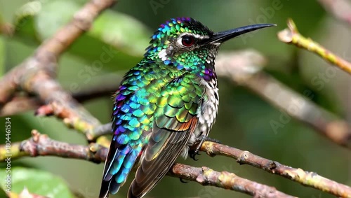Iridescent hummingbird perched on a branch displaying green blue feathers in natural light