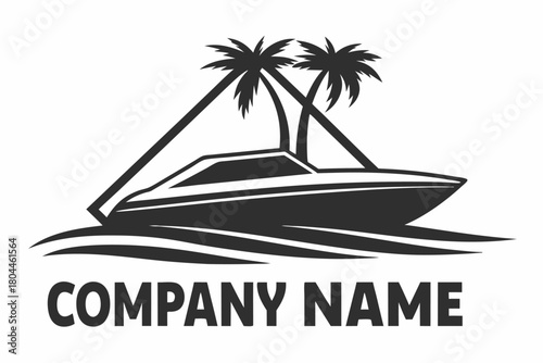 Dark boat sails forward, accompanied by palm trees and choppy water below