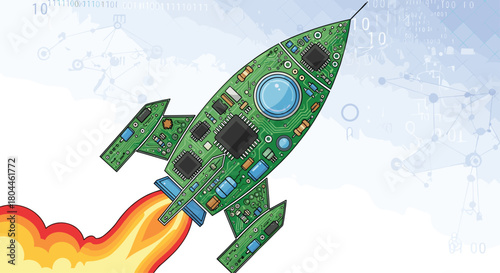 Green circuit board rocket blasting off with fiery exhaust, Generative AI.