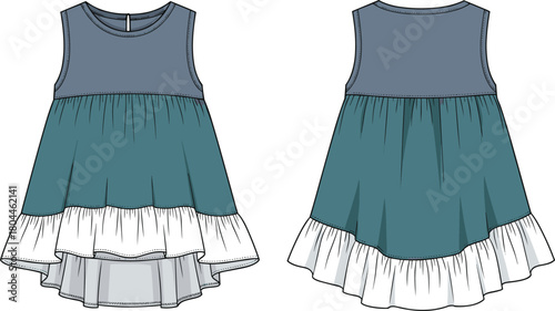 Cute toddler baby girl color-block knit tunic top dress fashion drawing flat sketch template, high-low hem, round neck, and bottom ruffle, apparel technical CAD design vector.