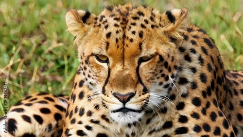 Leopard resting in sunlit grassland with spotted fur and focused intense gaze