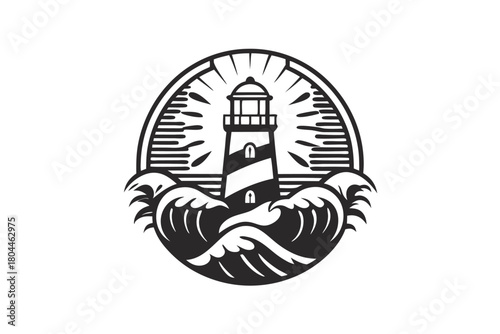 Detailed monochrome lighthouse stands resolutely against a backdrop of crashing waves, enveloped in nature