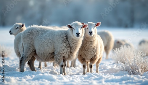 Flock of white sheep graze on snow covered field. Animals stand together on cold winter day. Woolly livestock with fluffy coats look at camera in rural landscape.