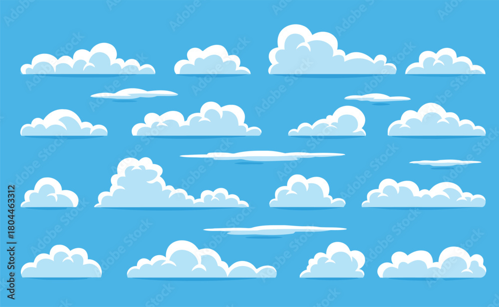 Fototapeta premium Cartoon cloudscape design elements set of puffy clouds