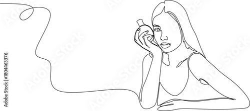 Continuous line drawing. Young beautiful woman with a bottle of perfume. Vector illustration.