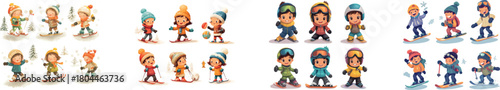 A modern clip art illustration with simple gradients shows cartoon kids in winter clothes, with each kid or element on its own separate layer for easy editing