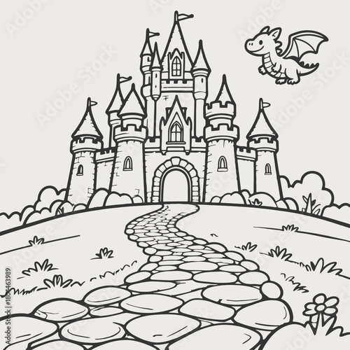 A fairy-tale castle sits on a hill, a winding stone path leads to its gate, while a friendly dragon circles above. Great for kids' coloring, fantasy themes, and imagination.