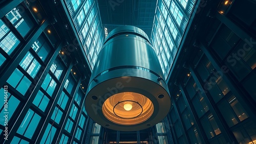 damper. A large tuned mass damper inside a skyscraper, captured mid-sway. real-estate listings, architecture portfolios, designed for architectural facade and classical detail presentations.